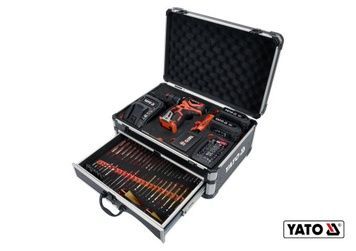 Дриль-шуруповерт ударний акумуляторний YATO 2 x Li-Ion 18 В + свердла + фрези + викруткові насадки + кейс YT-44250 фото